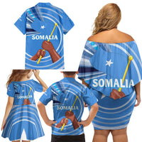 Somalia Family Matching Off Shoulder Short Dress and Hawaiian Shirt with Raised Fist Flag Blue Unity Wave Spirit