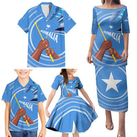 Somalia Family Matching Puletasi and Hawaiian Shirt with Raised Fist Flag Blue Unity Wave Spirit