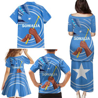 Somalia Family Matching Puletasi and Hawaiian Shirt with Raised Fist Flag Blue Unity Wave Spirit
