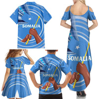 Somalia Family Matching Summer Maxi Dress and Hawaiian Shirt with Raised Fist Flag Blue Unity Wave Spirit