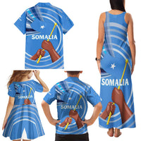 Somalia Family Matching Tank Maxi Dress and Hawaiian Shirt with Raised Fist Flag Blue Unity Wave Spirit