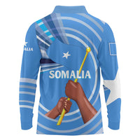 Somalia Long Sleeve Polo Shirt with Raised Fist Flag Blue Unity Wave Spirit