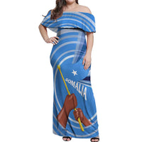 Somalia Off Shoulder Maxi Dress with Raised Fist Flag Blue Unity Wave Spirit