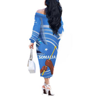 Somalia Off The Shoulder Long Sleeve Dress with Raised Fist Flag Blue Unity Wave Spirit
