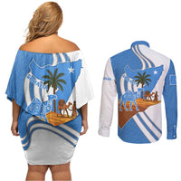 Somalia Couples Matching Off Shoulder Short Dress and Long Sleeve Button Shirt with Camel Desert Map Palm Tree Heritage Spirit