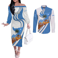 Somalia Couples Matching Off The Shoulder Long Sleeve Dress and Long Sleeve Button Shirt with Camel Desert Map Palm Tree Heritage Spirit