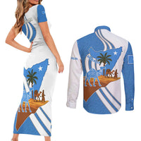 Somalia Couples Matching Short Sleeve Bodycon Dress and Long Sleeve Button Shirt with Camel Desert Map Palm Tree Heritage Spirit