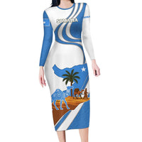 Somalia Long Sleeve Bodycon Dress with Camel Desert Map Palm Tree Heritage Spirit