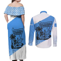 Somalia Couples Matching Off Shoulder Maxi Dress and Long Sleeve Button Shirt with Soomaaliya Ha Noolaato Nomad Moon Flag Spirit