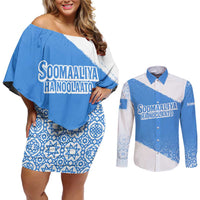Somalia Couples Matching Off Shoulder Short Dress and Long Sleeve Button Shirt with Soomaaliya Ha Noolaato Nomad Moon Flag Spirit