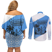 Somalia Couples Matching Off Shoulder Short Dress and Long Sleeve Button Shirt with Soomaaliya Ha Noolaato Nomad Moon Flag Spirit