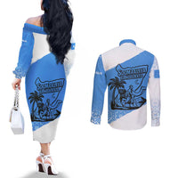 Somalia Couples Matching Off The Shoulder Long Sleeve Dress and Long Sleeve Button Shirt with Soomaaliya Ha Noolaato Nomad Moon Flag Spirit