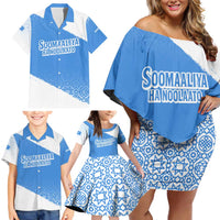 Somalia Family Matching Off Shoulder Short Dress and Hawaiian Shirt with Soomaaliya Ha Noolaato Nomad Moon Flag Spirit