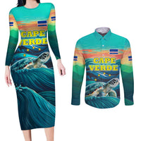 Cape Verde Couples Matching Long Sleeve Bodycon Dress and Long Sleeve Button Shirt with Loggerhead Sea Turtle Ocean Sunset Spirit