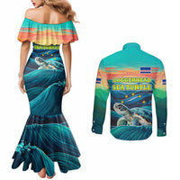Cape Verde Couples Matching Mermaid Dress and Long Sleeve Button Shirt with Loggerhead Sea Turtle Ocean Sunset Spirit