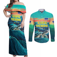 Cape Verde Couples Matching Off Shoulder Maxi Dress and Long Sleeve Button Shirt with Loggerhead Sea Turtle Ocean Sunset Spirit