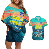 Cape Verde Couples Matching Off Shoulder Short Dress and Hawaiian Shirt with Loggerhead Sea Turtle Ocean Sunset Spirit