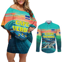 Cape Verde Couples Matching Off Shoulder Short Dress and Long Sleeve Button Shirt with Loggerhead Sea Turtle Ocean Sunset Spirit