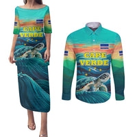 Cape Verde Couples Matching Puletasi and Long Sleeve Button Shirt with Loggerhead Sea Turtle Ocean Sunset Spirit