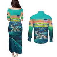 Cape Verde Couples Matching Puletasi and Long Sleeve Button Shirt with Loggerhead Sea Turtle Ocean Sunset Spirit