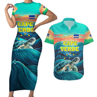 Cape Verde Couples Matching Short Sleeve Bodycon Dress and Hawaiian Shirt with Loggerhead Sea Turtle Ocean Sunset Spirit