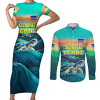 Cape Verde Couples Matching Short Sleeve Bodycon Dress and Long Sleeve Button Shirt with Loggerhead Sea Turtle Ocean Sunset Spirit