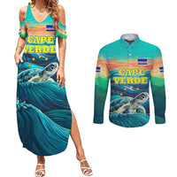 Cape Verde Couples Matching Summer Maxi Dress and Long Sleeve Button Shirt with Loggerhead Sea Turtle Ocean Sunset Spirit