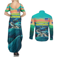 Cape Verde Couples Matching Summer Maxi Dress and Long Sleeve Button Shirt with Loggerhead Sea Turtle Ocean Sunset Spirit