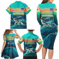 Cape Verde Family Matching Long Sleeve Bodycon Dress and Hawaiian Shirt with Loggerhead Sea Turtle Ocean Sunset Spirit