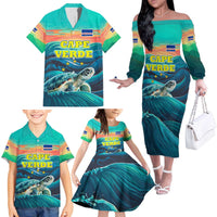 Cape Verde Family Matching Off The Shoulder Long Sleeve Dress and Hawaiian Shirt with Loggerhead Sea Turtle Ocean Sunset Spirit