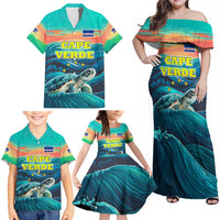 Cape Verde Family Matching Off Shoulder Maxi Dress and Hawaiian Shirt with Loggerhead Sea Turtle Ocean Sunset Spirit