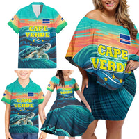 Cape Verde Family Matching Off Shoulder Short Dress and Hawaiian Shirt with Loggerhead Sea Turtle Ocean Sunset Spirit