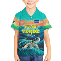 Cape Verde Family Matching Short Sleeve Bodycon Dress and Hawaiian Shirt with Loggerhead Sea Turtle Ocean Sunset Spirit