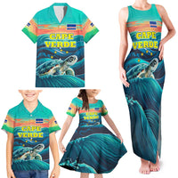Cape Verde Family Matching Tank Maxi Dress and Hawaiian Shirt with Loggerhead Sea Turtle Ocean Sunset Spirit