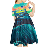 Cape Verde Kid Short Sleeve Dress with Loggerhead Sea Turtle Ocean Sunset Spirit