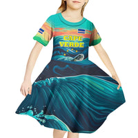 Cape Verde Kid Short Sleeve Dress with Loggerhead Sea Turtle Ocean Sunset Spirit