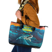 Cape Verde Leather Tote Bag with Loggerhead Sea Turtle Ocean Sunset Spirit