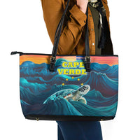 Cape Verde Leather Tote Bag with Loggerhead Sea Turtle Ocean Sunset Spirit