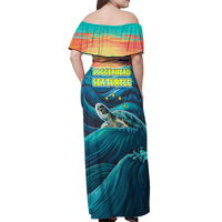 Cape Verde Off Shoulder Maxi Dress with Loggerhead Sea Turtle Ocean Sunset Spirit
