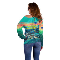 Cape Verde Off Shoulder Sweater with Loggerhead Sea Turtle Ocean Sunset Spirit