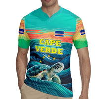 Cape Verde Rugby Jersey with Loggerhead Sea Turtle Ocean Sunset Spirit
