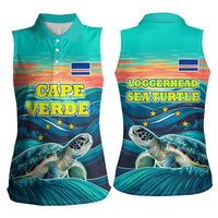 Cape Verde Women Sleeveless Polo Shirt with Loggerhead Sea Turtle Ocean Sunset Spirit