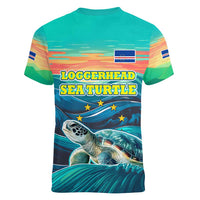 Cape Verde Women V-Neck T-Shirt with Loggerhead Sea Turtle Ocean Sunset Spirit