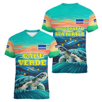 Cape Verde Women V-Neck T-Shirt with Loggerhead Sea Turtle Ocean Sunset Spirit
