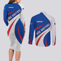 Cape Verde Couples Matching Long Sleeve Bodycon Dress and Long Sleeve Button Shirt with Blue Red Flag Nós Kretxeu Spirit
