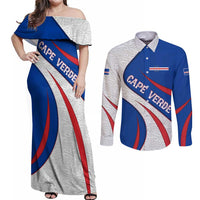 Cape Verde Couples Matching Off Shoulder Maxi Dress and Long Sleeve Button Shirt with Blue Red Flag Nós Kretxeu Spirit