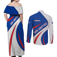 Cape Verde Couples Matching Off Shoulder Maxi Dress and Long Sleeve Button Shirt with Blue Red Flag Nós Kretxeu Spirit