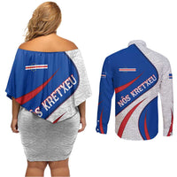 Cape Verde Couples Matching Off Shoulder Short Dress and Long Sleeve Button Shirt with Blue Red Flag Nós Kretxeu Spirit