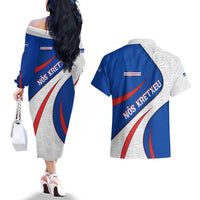 Cape Verde Couples Matching Off The Shoulder Long Sleeve Dress and Hawaiian Shirt with Blue Red Flag Nós Kretxeu Spirit