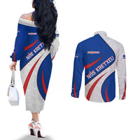 Cape Verde Couples Matching Off The Shoulder Long Sleeve Dress and Long Sleeve Button Shirt with Blue Red Flag Nós Kretxeu Spirit